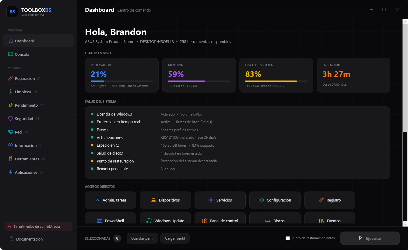 Dashboard de ToolboxBS con el estado del equipo en vivo