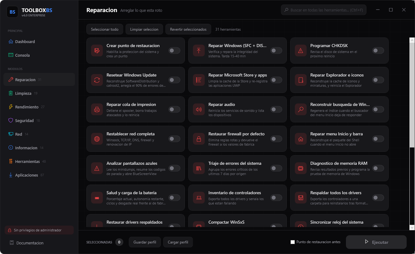 Cuadrícula de herramientas del módulo de Reparación